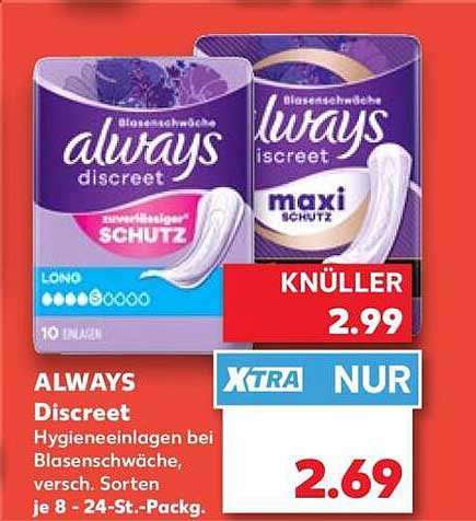 ALWAYS Discreet Hygieneeinlagen bei Blasenschwäche, versch. Sorten je 8 - 24-St.-Packg.