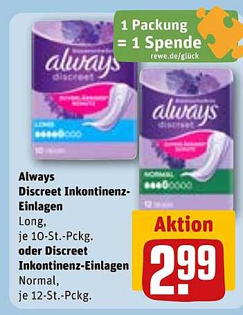 Always Discreet Inkontinenz-Einlagen Long, je 10-St.-Pckg. oder Discreet Inkontinenz-Einlagen Normal, je 12-St.-Pckg.