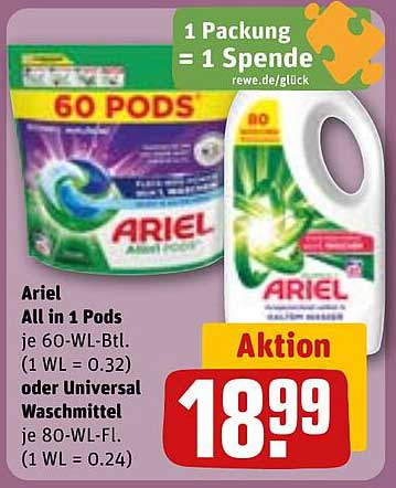 Ariel All in 1 Pods je 60-WL-Btl. (1 WL = 0.32) oder Universal Waschmittel je 80-WL-Fl. (1 WL = 0.24)
