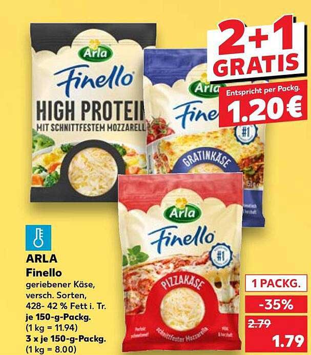ARLA Finello geriebener Käse, versch. Sorten, 428-42 % Fett i. Tr. je 150-g-Packg. (1 kg = 11.94) 3 x je 150-g-Packg. (1 kg = 8.00)