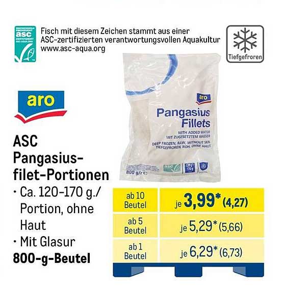 ASC Pangasius-filet-Portionen • Ca. 120-170 g./Portion, ohne Haut • Mit Glasur • 800-g-Beutel