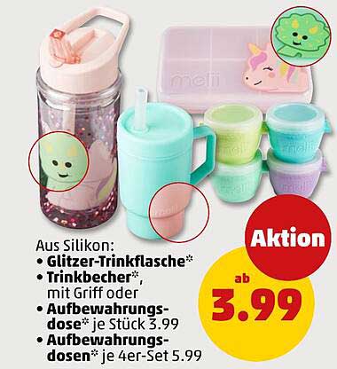 Aus Silikon: Glitzer-Trinkflasche*, Trinkbecher* mit Griff oder Aufbewahrungsdose* je 3,99 Aufbewahrungsdosen* je 4er-Set 5,99