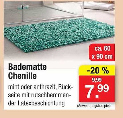 Badematte Chenille mint oder anthrazit, Rückseite mit rutschhemmender Latexbeschichtung