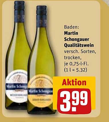 Baden: Martin Schongauer Qualitätswein versch. Sorten, trocken, je 0,75-l-Fl. (1 l = 5.32)