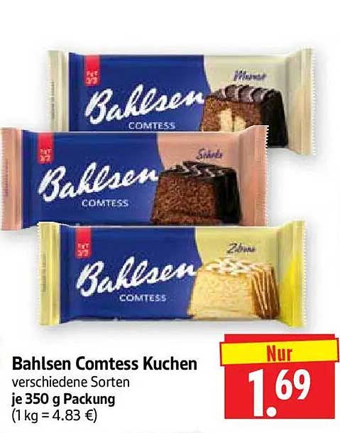 Bahlsen Comtess Kuchen verschiedene Sorten je 350 g Packung (1 kg = 4.83 €)