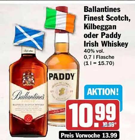 Ballantines Finest Scotch, Kilbeggan oder Paddy Irish Whiskey
