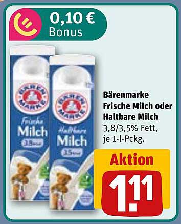 Bärenmarke Frische Milch oder Haltbare Milch 3,8/3,5% Fett, je 1-L-Pckg.
