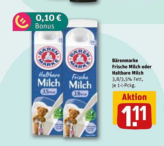 Bärenmarke Frische Milch oder Haltbare Milch 3,8/3,5% Fett, je 1-l-Pckg.