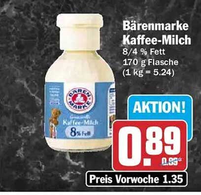 Bärenmarke Kaffee-Milch 8/4 % Fett 170 g Flasche (1 kg = 5.24)