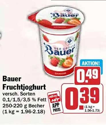 Bauer Fruchtjoghurt versch. Sorten 0,1/1,5/3,5 % Fett 250-220 g Becher