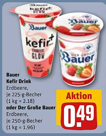 Bauer Kefir Drink Erdbeere, je 225-g-Becher (1 kg = 2.18) oder Der Große Bauer Erdbeere, je 250-g-Becher (1 kg = 1.96)