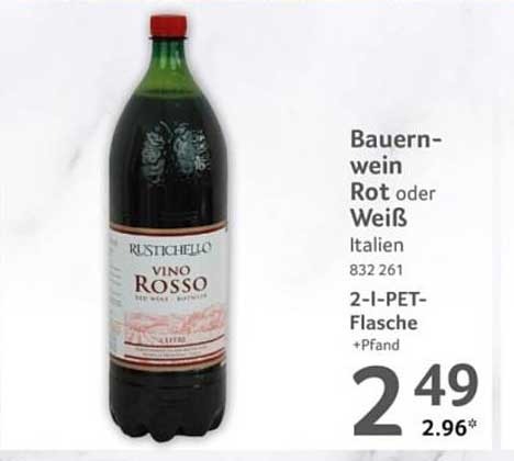 Bauernwein Rot oder Weiß Italien 832 261 2-l-PET-Flasche +Pfand