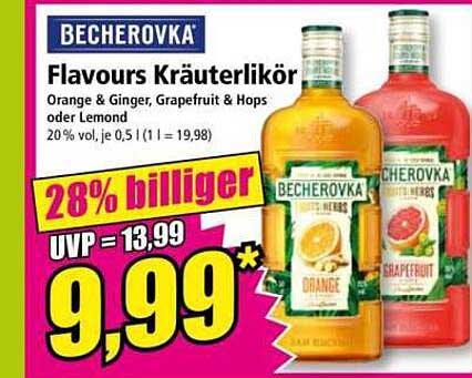 BECHEROVKA Flavours Kräuterlikör Orange & Ginger, Grapefruit & Hops oder Lemond 20% vol, je 0,5 l (1 l = 19,98)