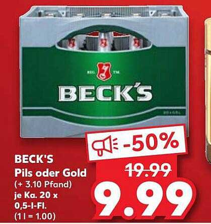 BECK'S Pils oder Gold (+ 3.10 Pfand) je Ka. 20 x 0.5-l-Fl. (1l = 1.00)