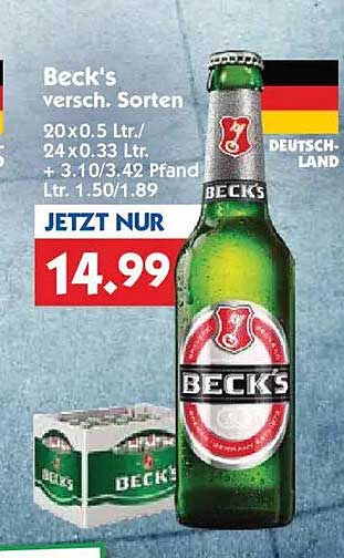 Beck's versch. Sorten 20 x 0.5 Ltr. / 24 x 0.33 Ltr. + 3.10/3.42 Pfand 1 Ltr. 1.50/1.89