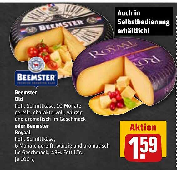 Beemster Old holl. Schnittkäse, 10 Monate gereift, charaktervoll, würzig und aromatisch im Geschmack oder Beemster Royaal holl. Schnittkäse, 6 Monate gereift, würzig und aromatisch im Geschmack, 48% Fett i.Tr., je 100 g