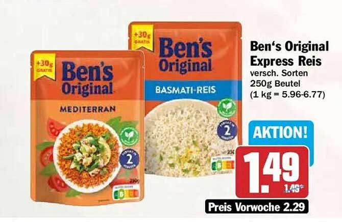 Ben's Original Express Reis versch. Sorten 250g Beutel (1 kg = 5.96-6.77)