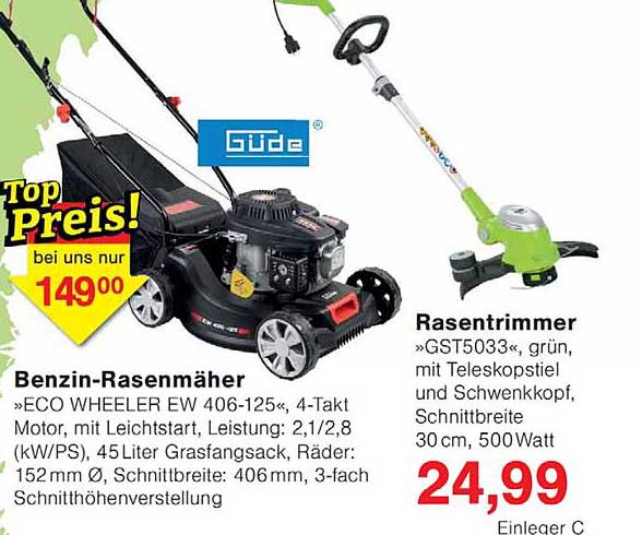 Benzin-Rasenmäher »ECO WHEELER EW 406-125«, 4-Takt Motor, mit Leichtstart, Leistung: 2,1/2,8 (kW/PS), 45 Liter Grasfangsack, Räder: 152 mm Ø, Schnittbreite: 406mm, 3-fach Schnitthöhenverstellung