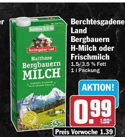 Berchtesgadener Land Bergbauern H-Milch oder Frischmilch 1,5/3,5 % Fett 1 l Packung AKTION!