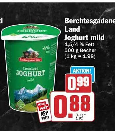 Berchtesgadener Land Joghurt mild 1,5/4 % Fett 500 g Becher (1 kg = 1.98)