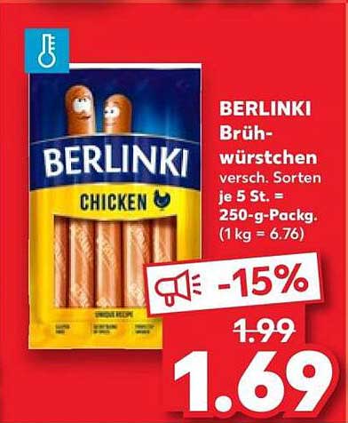 BERLINKI Brühwürstchen versch. Sorten je 5 St. = 250-g-Packg. (1 kg = 6.76)