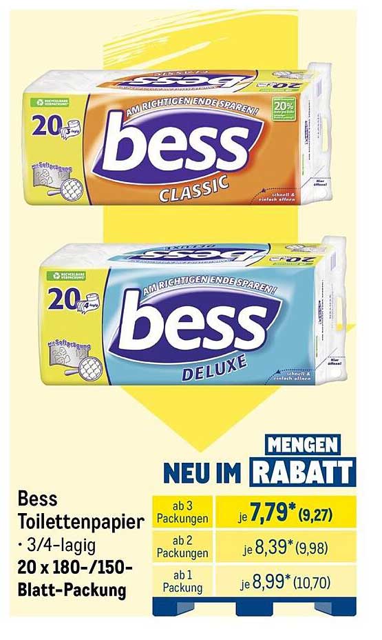 Bess Toilettenpapier • 3/4-lagig • 20 x 180-/150-Blatt-Packung