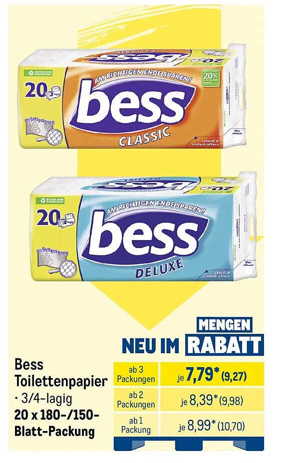Bess Toilettenpapier · 3/4-lagig · 20 x 180-/150-Blatt-Packung