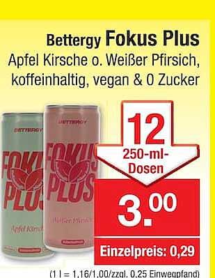 Bettergy Fokus Plus Apfel Kirsche o. Weißer Pfirsich, koffeinhaltig, vegan & 0 Zucker