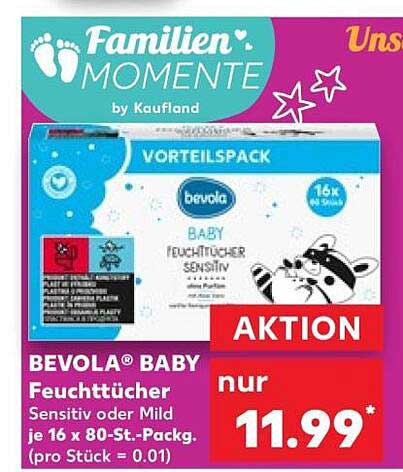 BEVOLA® BABY Feuchttücher Sensitiv oder Mild je 16 x 80-St.-Packg. (pro Stück = 0.01)