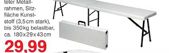 Biertisch klappbar mit Metallrahmen, Sitzfläche Kunststoff (3,5cm stark), bis 350kg belastbar, ca. 180x29x43cm