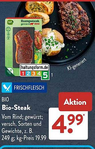 BIO Bio-Steak Vom Rind; gewürzt; versch. Sorten und Gewichte, z. B. 249 g; kg-Preis 19.99