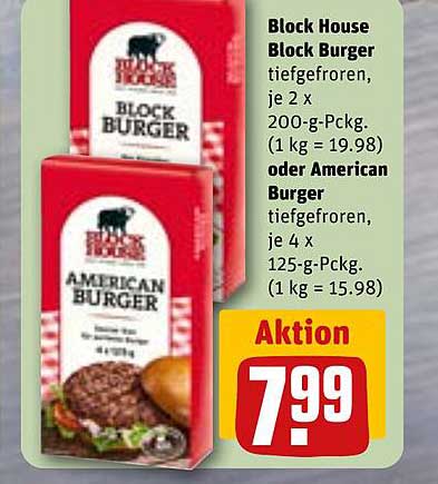 Block House Block Burger tiefgefroren, je 2 x 200-g-Pckg. (1 kg = 19.98) oder American Burger tiefgefroren, je 4 x 125-g-Pckg. (1 kg = 15.98)
