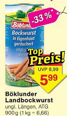 Böklunder Landbockwurst ungl. Längen, ATG 900 g (1 kg = 6,66)