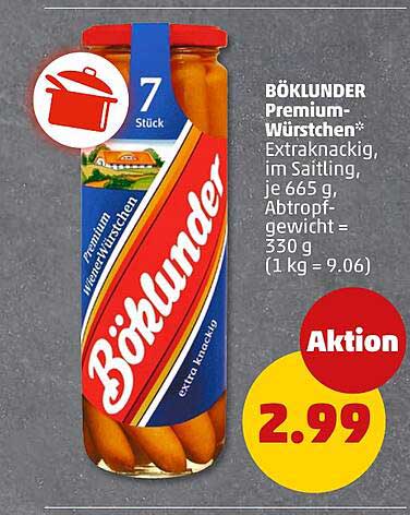 BÖKLUNDER Premium-Würstchen* Extraknackig, im Saitling, je 665 g, Abtropfgewicht = 530 g (1 kg = 9.06)