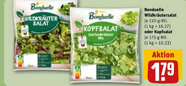 Bonduelle Wildkräutersalat je 110-g-Btl. (1 kg = 16.27) oder Kopfsalat je 175-g-Btl. (1 kg = 10.23)