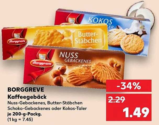 BORGGREVE Kaffeegebäck Nuss-Gebackenes, Butter-Stäbchen Schoko-Gebackenes oder Kokos-Taler je 200-g-Packg.