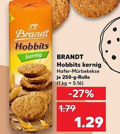 BRANDT Hobbits kernig Hafer-Mürbekekse je 250-g-Rolle (1 kg = 5.16)