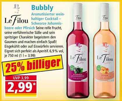 Bubbly Aromatisierter weinhaltiger Cocktail Schwarze Johannisbeere oder Pfirsich