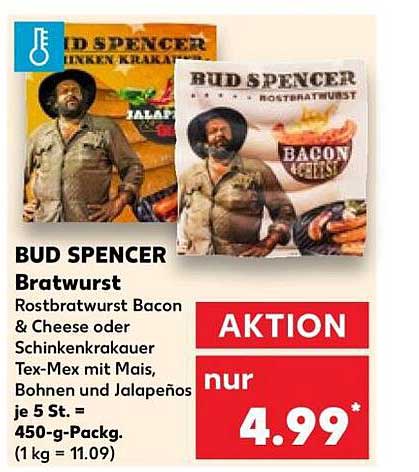 BUD SPENCER Bratwurst Rostbratwurst Bacon & Cheese oder Schinkenkrakauer Tex-Mex mit Mais, Bohnen und Jalapeños je 5 St. = 450-g-Packg. (1 kg = 11.09)