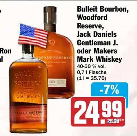 Bulleit Bourbon, Woodford Reserve, Jack Daniels Gentleman J. oder Makers Mark Whiskey
