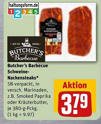 Butcher's Barbecue Schweine-Nackensteaks* SB-verpackt, in versch. Marinaden. z.B. Smoked Paprika oder Kräuterbutter, je 380-g-Pckg. (1 kg = 9.97)