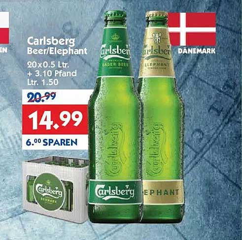 Carlsberg Beer/Elephant 20 x 0.5 Ltr. + 3.10 Pfand Ltr. 1.50