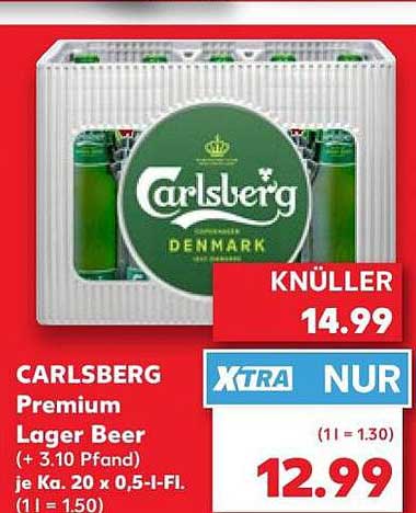 CARLSBERG Premium Lager Beer (+ 3.10 Pfand) je K. 20 x 0,5-l-Fl.