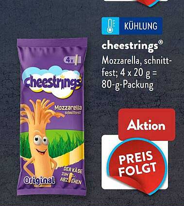 cheestrings® Mozzarella, schnittfest; 4 x 20 g = 80-g-Packung