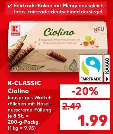 Cialino knuspriges Waffelröllchen mit Haselnusscreme-Füllung je 8 St. = 200-g-Packg. (1 kg = 9,95)
