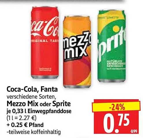 Coca-Cola, Fanta verschiedene Sorten, Mezzo Mix oder Sprite je 0,33 l Einwegpfanddose