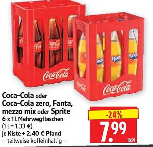 Coca-Cola oder Coca-Cola zero, Fanta, mezzo mix oder Sprite 6 x 1 l Mehrwegflaschen