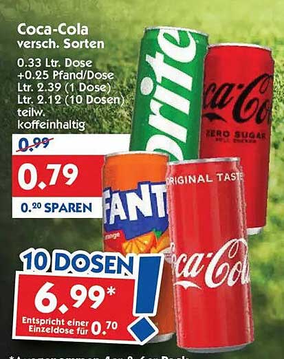 Coca-Cola versch. Sorten 0,33 Ltr. Dose +0.25 Pfand/Dose, Ltr. 2.39 (1 Dose), Ltr. 2.12 (10 Dosen), teilw. koffeinhaltig