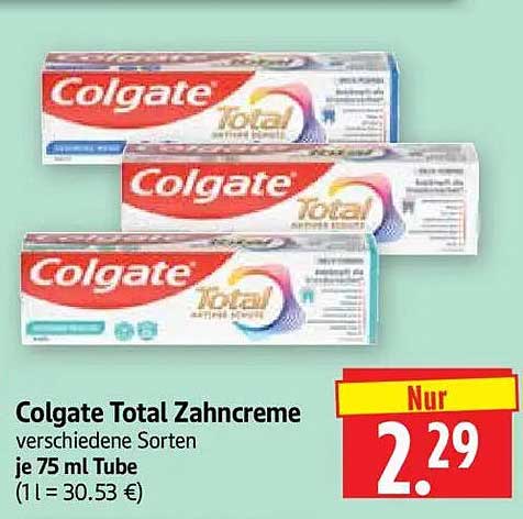 Colgate Total Zahncreme verschiedene Sorten je 75 ml Tube (1 l = 30.53 €)
