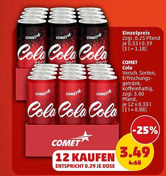 COMET Cola Versch. Sorten, Erfrischungsgetränk, koffeinhaltig, zzgl. 3.00 Pfand, je 12 x 0,33 l (1 l = 0.88)